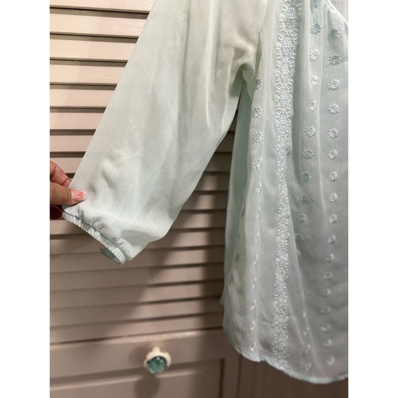 AB Studio Chiffon Green Long Sleeve Embroidered Scoop Blouse Size M Elastic Cuff - Picture 3 of 7